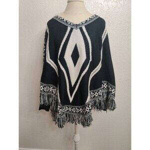 Crece Wool Blend Fringe Poncho Style Sweater M/L
